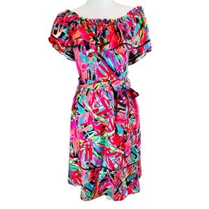 KIRNA ZABETE Colorful Silk Ruffle Off Shoulder Dress 4 O'Clock Garden Wedding‎